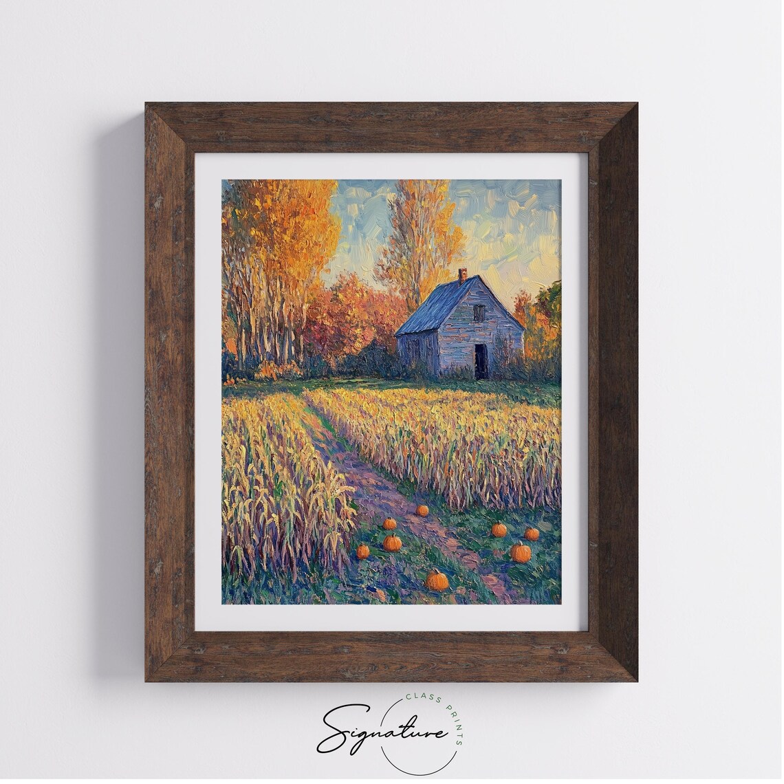 Weathered Barn in a Golden Wheat Field Dotted With Fall Pumpkins Poster - Image 4