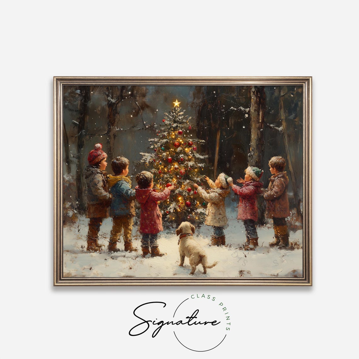 Six Children And A Puppy Decorating A Snowy Christmas Tree Poster - Image 4