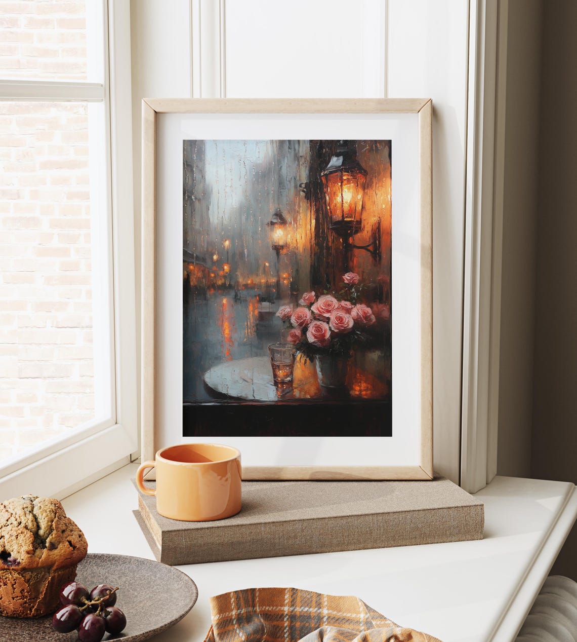 Moody Coffee Shop Window Roses Reflection Rainy Evening Painting Print - Image 4