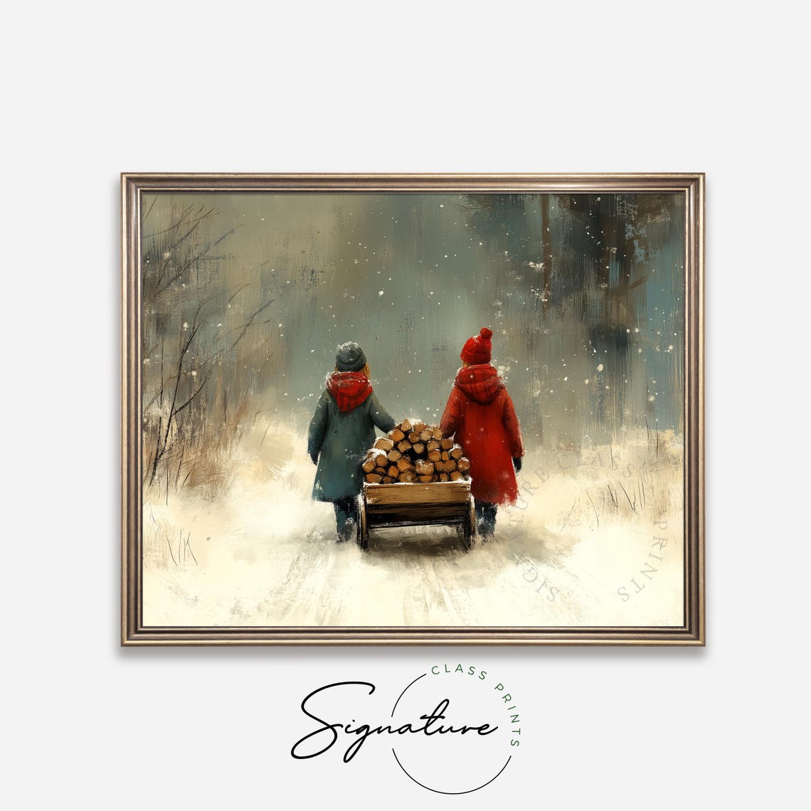 Children Pulling Firewood Cart Through Snowy Woods Scene Poster - Image 4