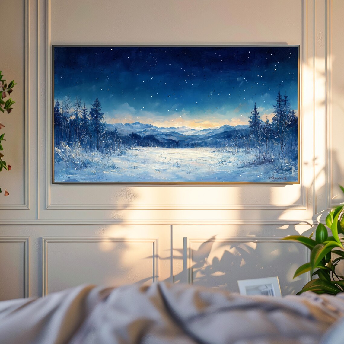 Winter Twilight Starry Sky Snowy Meadow Distant Blue Mountains Night Poster - Image 4