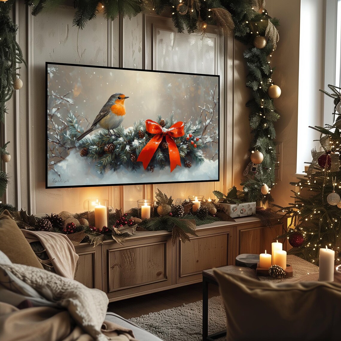 Robin on Snowy Evergreen Garland With Red Bow Christmas Bird Poster - Image 3