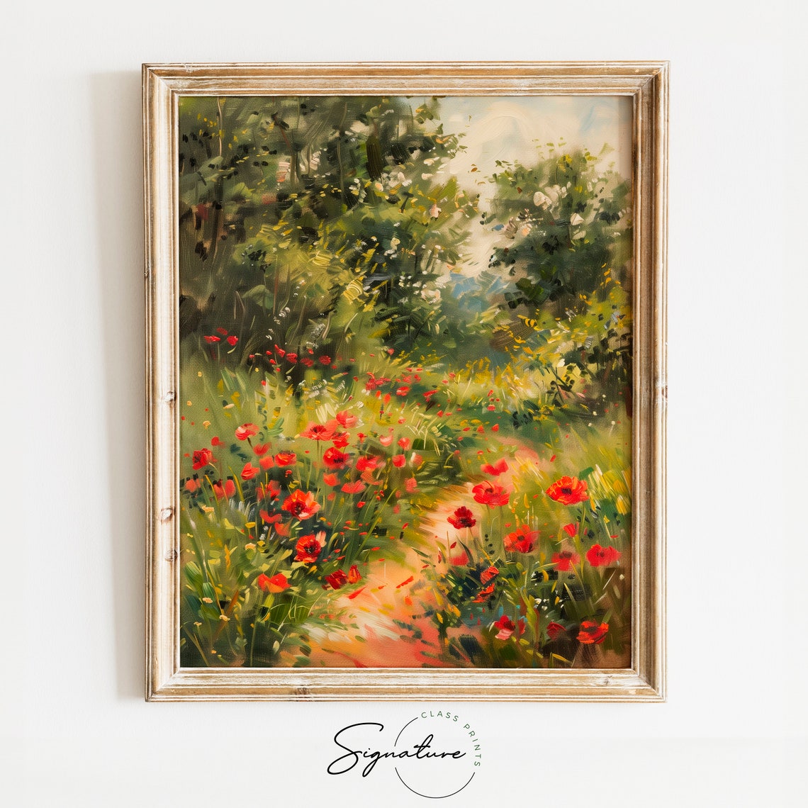 Poppy Field Vivid Green Meadow Sunny Summer Impressionist Poster