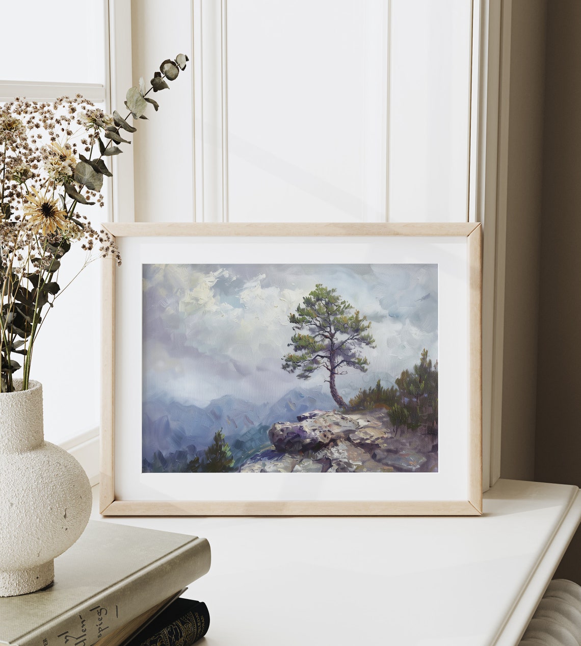 Lone Pine Tree On Rocky Ridge Above Misty Blue Mountains Poster - Image 6