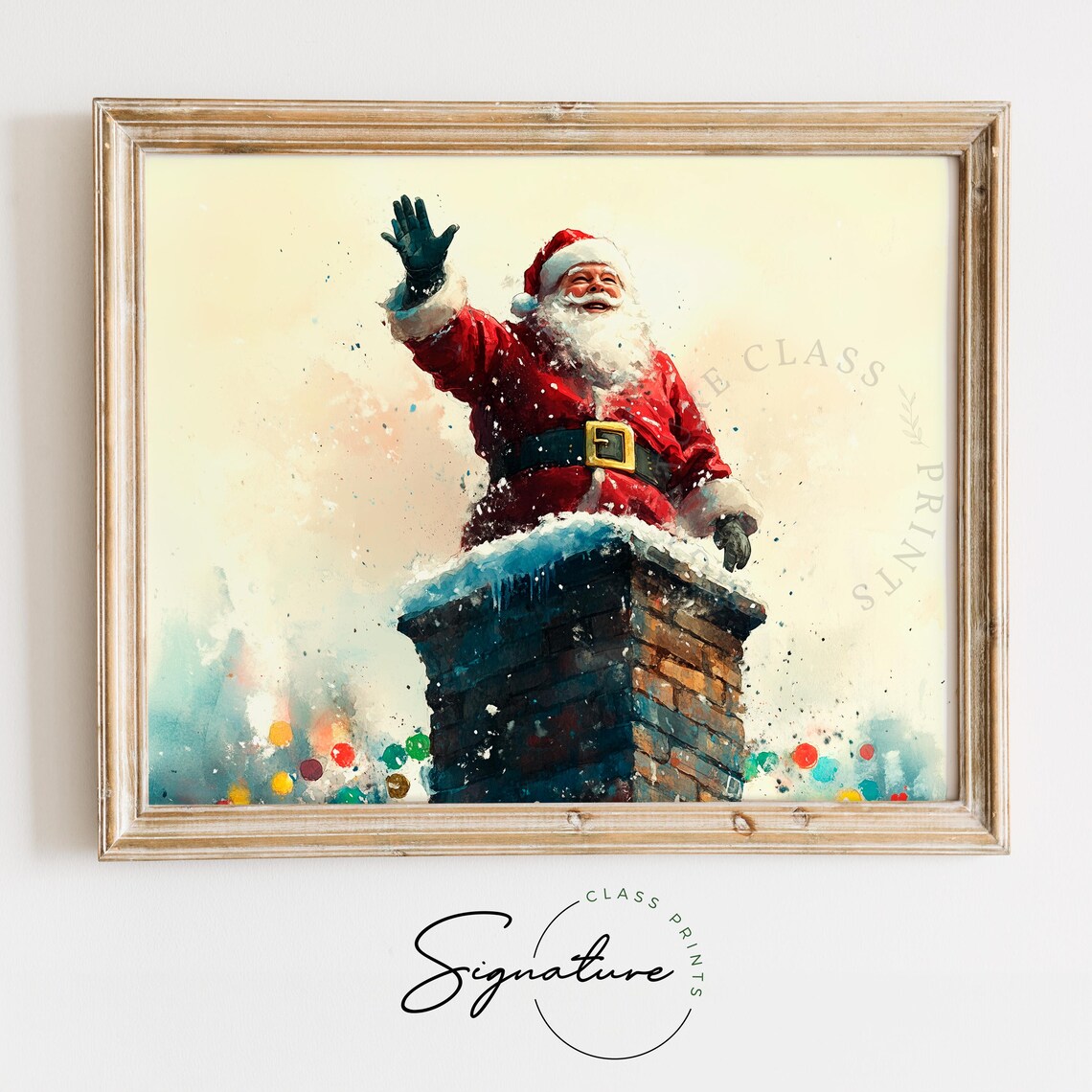 Santa Claus Waving From Snowy Chimney Top Watercolor Scene Poster
