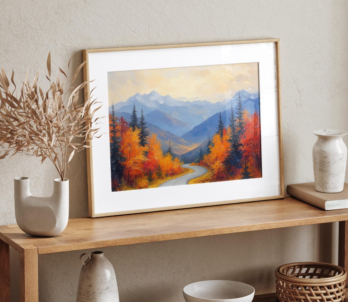 Mountain Road Winding Through Autumn Pines Toward Blue Peaks Poster - Image 4