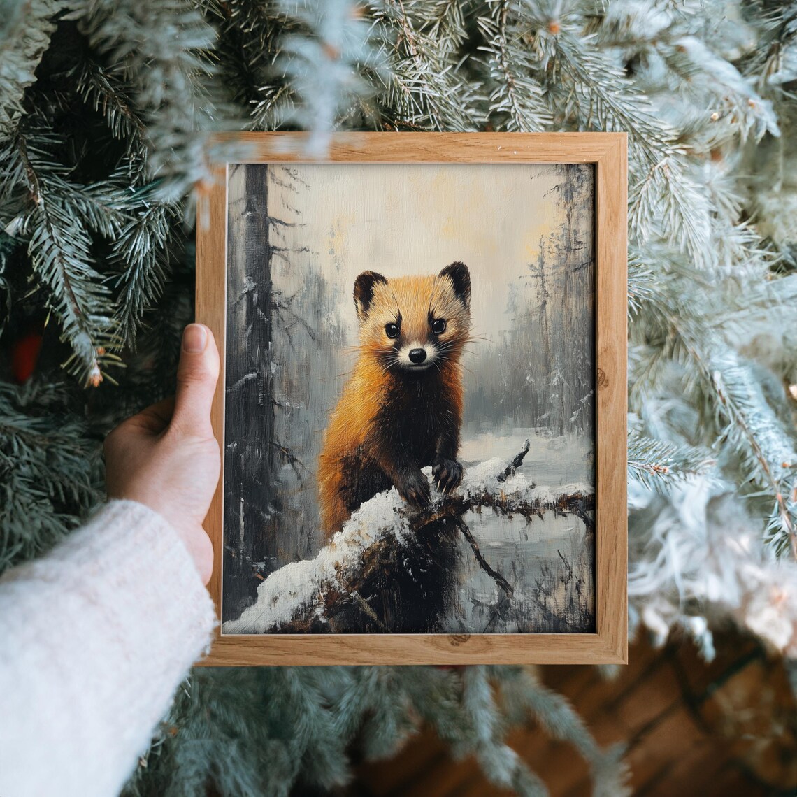 Pine Marten on Snowy Branch Winter Forest Wildlife Oil Painting Print - Image 6