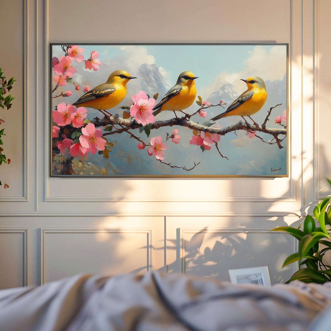 Three Golden Finches On Pink Blossom Branch Spring Art Poster - Image 4