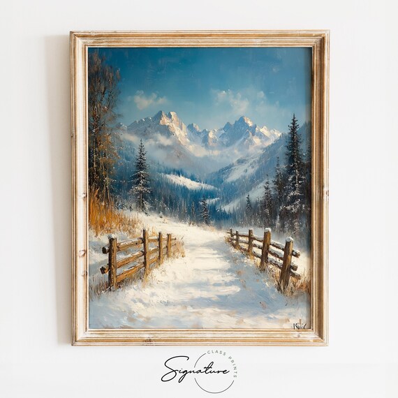 Serene Snowy Alpine Road Wooden Fences Mountain Landscape Poster