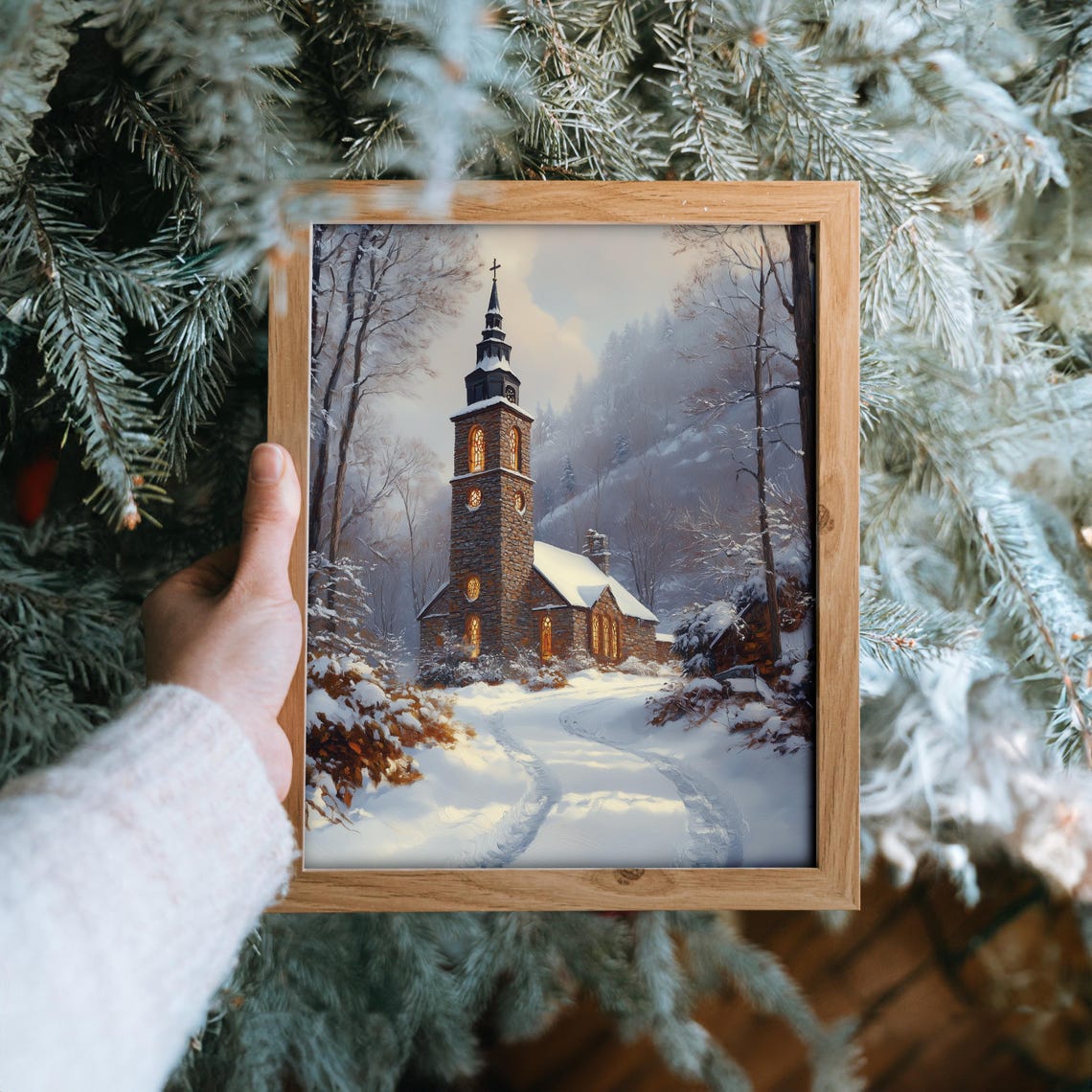 Snowy Stone Church With Glowing Windows And Tall Spire Winter Wall Art - Image 6