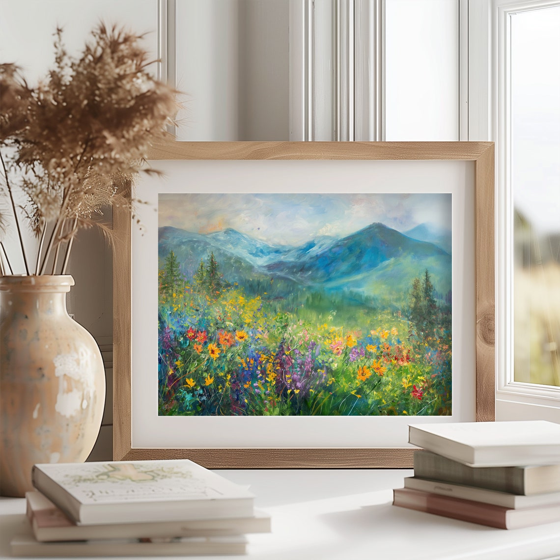 Dense Wildflower Meadow with Blue Mountains Impressionist Poster - Image 2