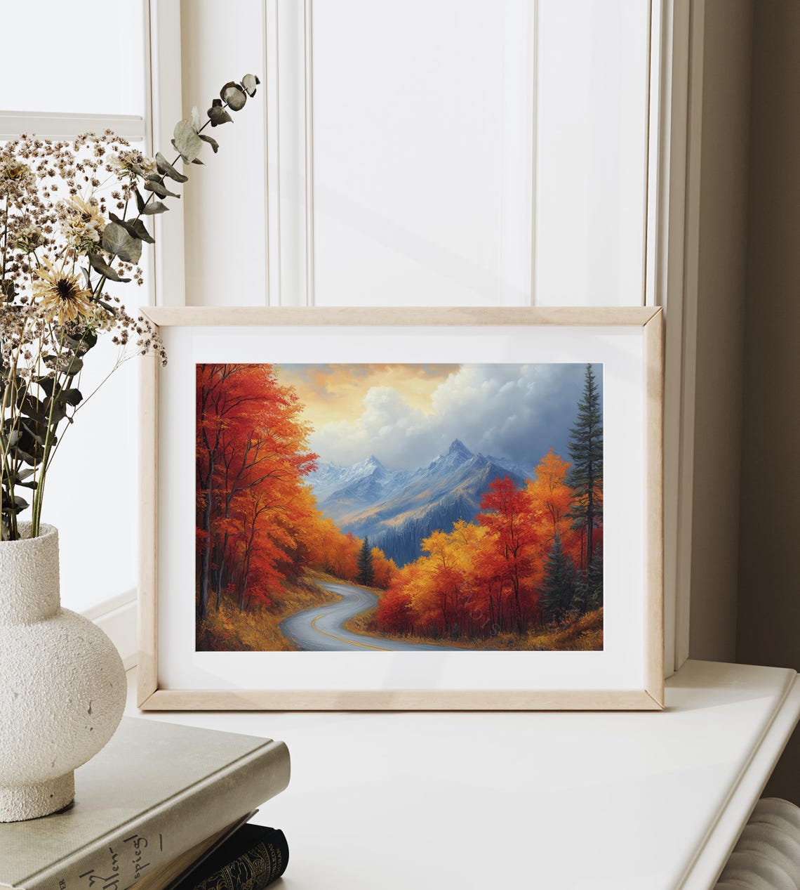 Winding Road Snowy Peaks Blazing Autumn Trees Oil Painting Poster - Image 6