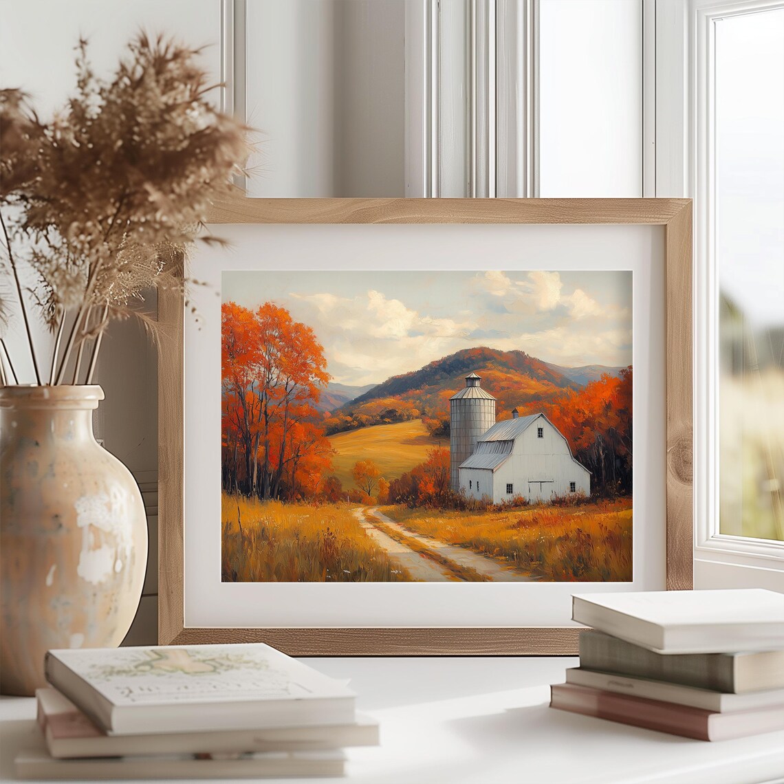 White Barn Silo Golden Field Rolling Hills Oil Painting Farm Poster - Image 2