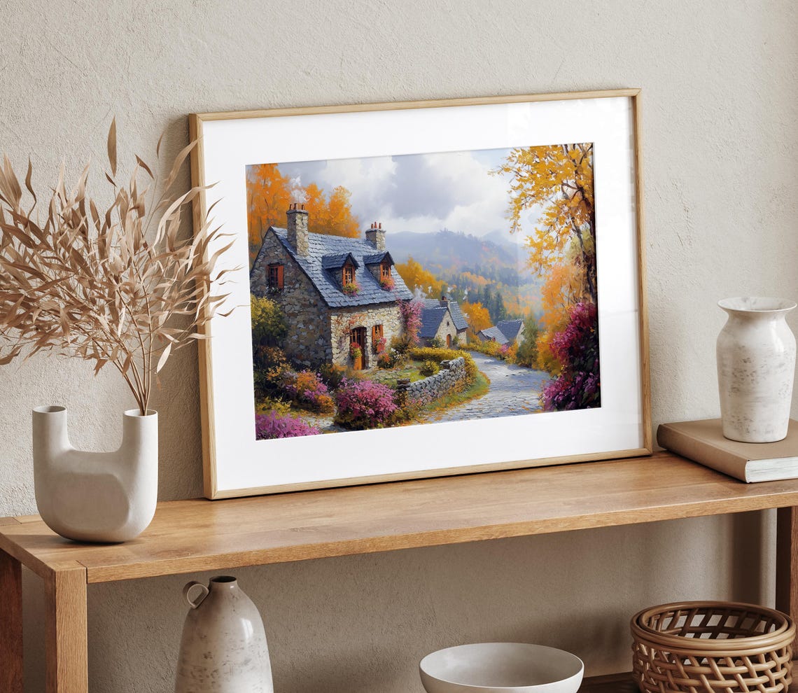 Ivy Covered Stone Cottage Autumn Village Lane Rustic Fall Wall Art - Image 4