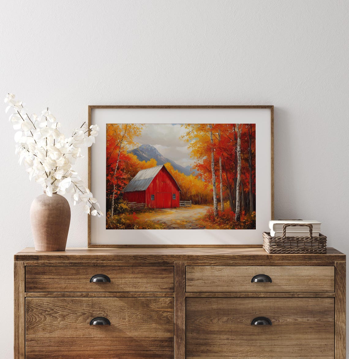 Red Barn Autumn Birches Mountain Fall Farm Landscape Wall Art - Image 3