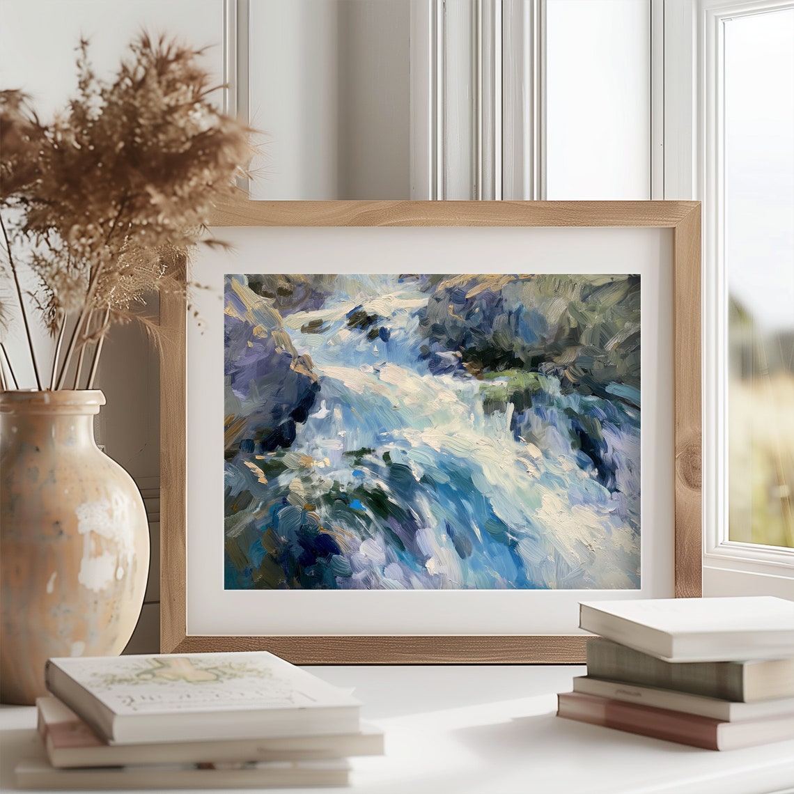 Cascading Mountain Waterfall Dynamic Blue Water Impressionist Poster - Image 2