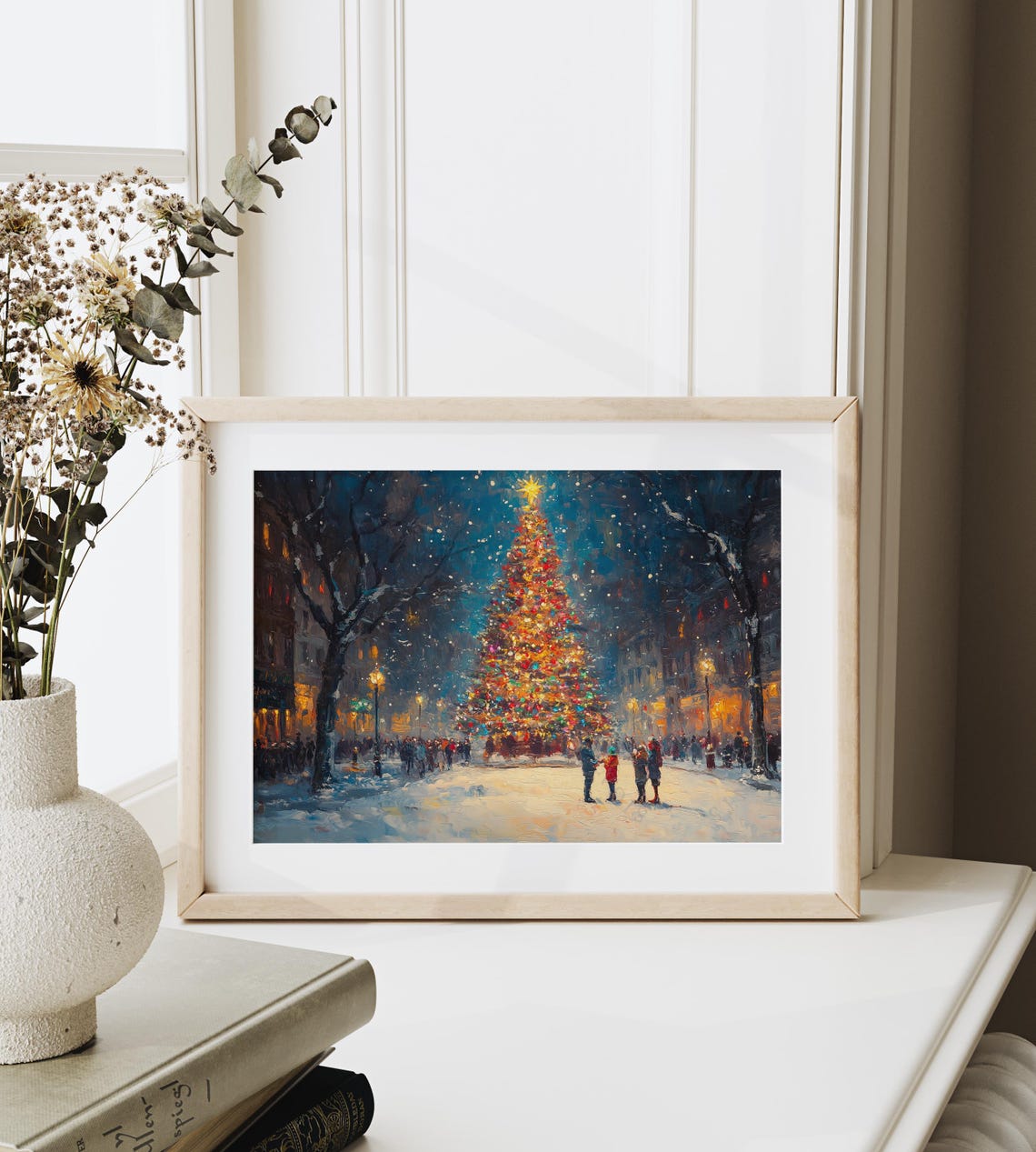Town Square Christmas Tree Glowing At Night In Falling Snow Poster - Image 6