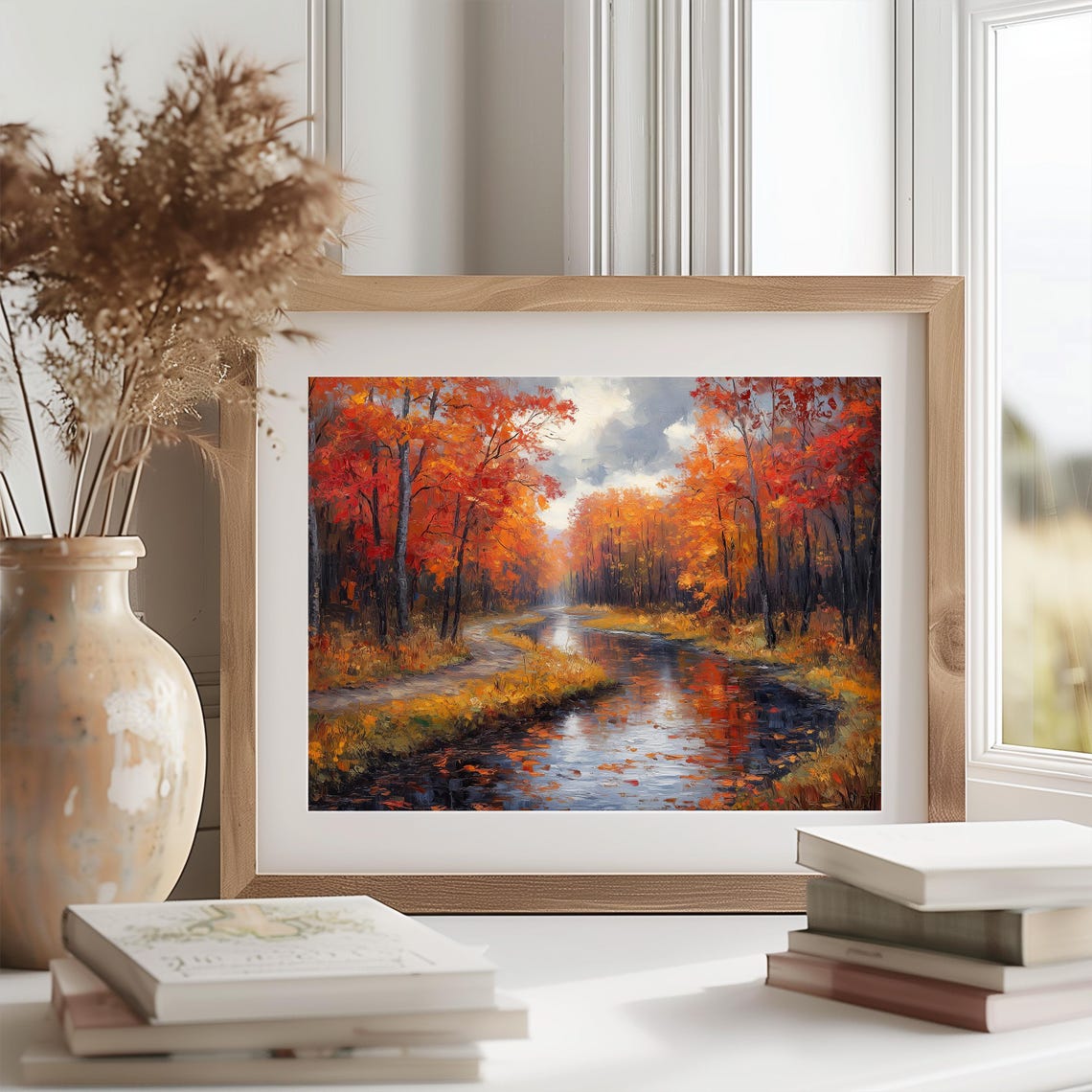 Red Autumn Forest Stream Mirror Reflection Landscape Painting Print - Image 2