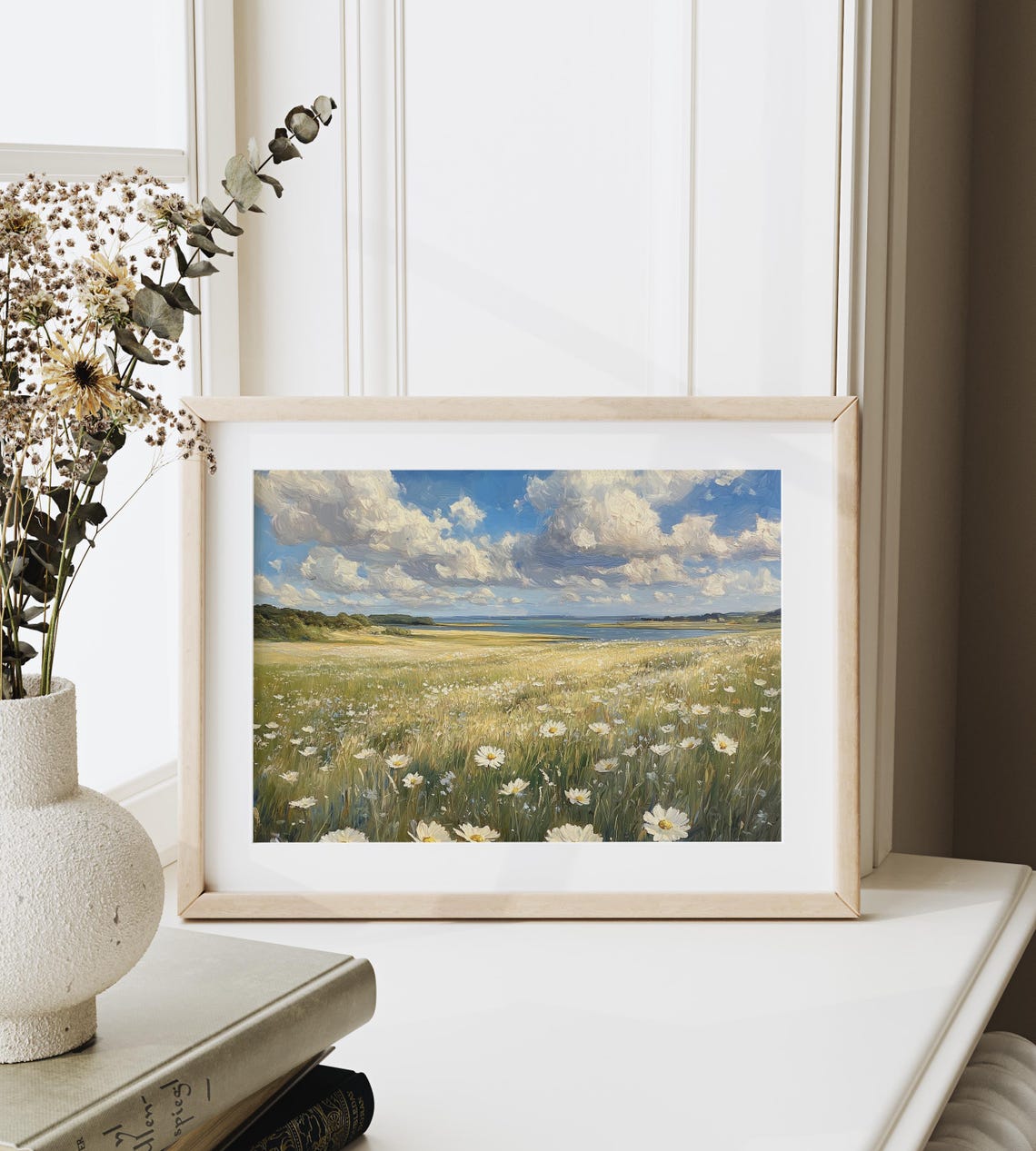 White Daisy Meadow Lakeside Dramatic Clouds Summer Wildflower Poster - Image 6
