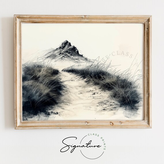 Lonely Mountain Path Sketch Serene Landscape Drawing Black And White Minimalist Art Nature Inspired Wall Decor For Living Room 857