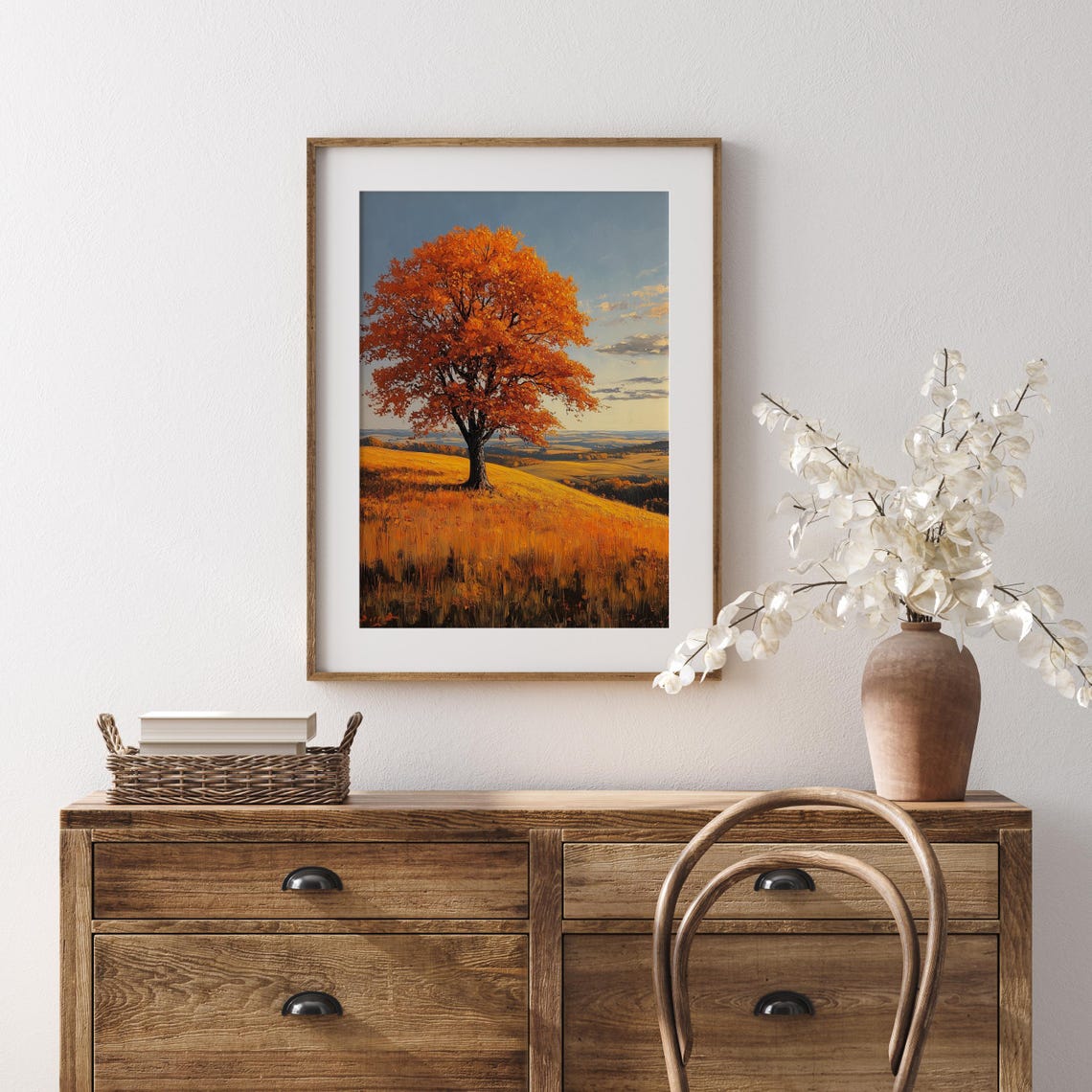 Lone Orange Tree Golden Meadow Autumn Horizon Pastoral Poster - Image 5