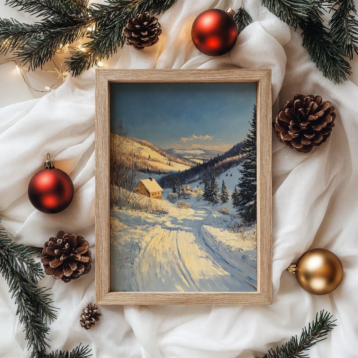 Golden Hour Glow On Snowy Mountain Road With Rustic Cabin Poster - Image 4