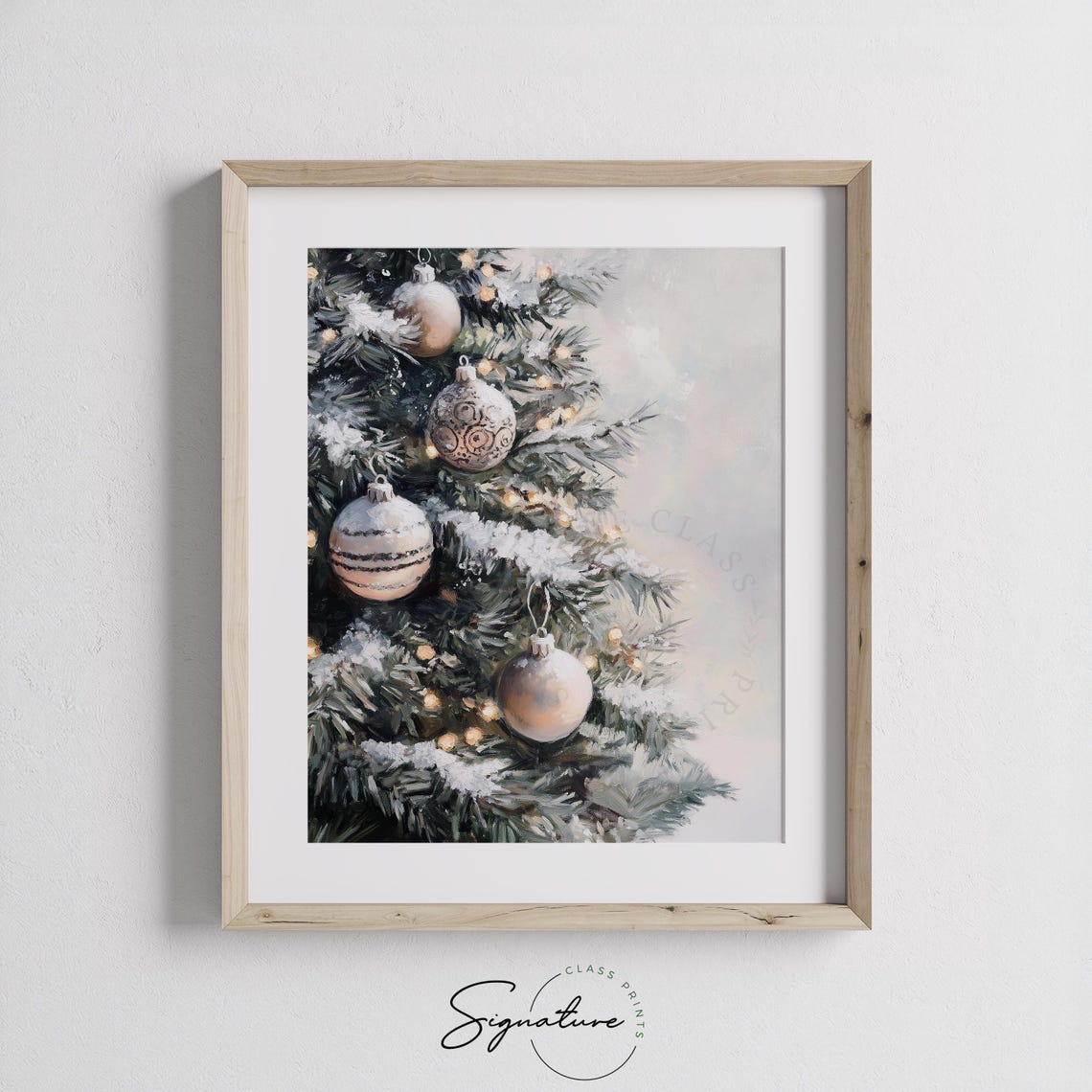 Blush Ornaments On Snowy Christmas Tree Branches Close Up Poster - Image 2