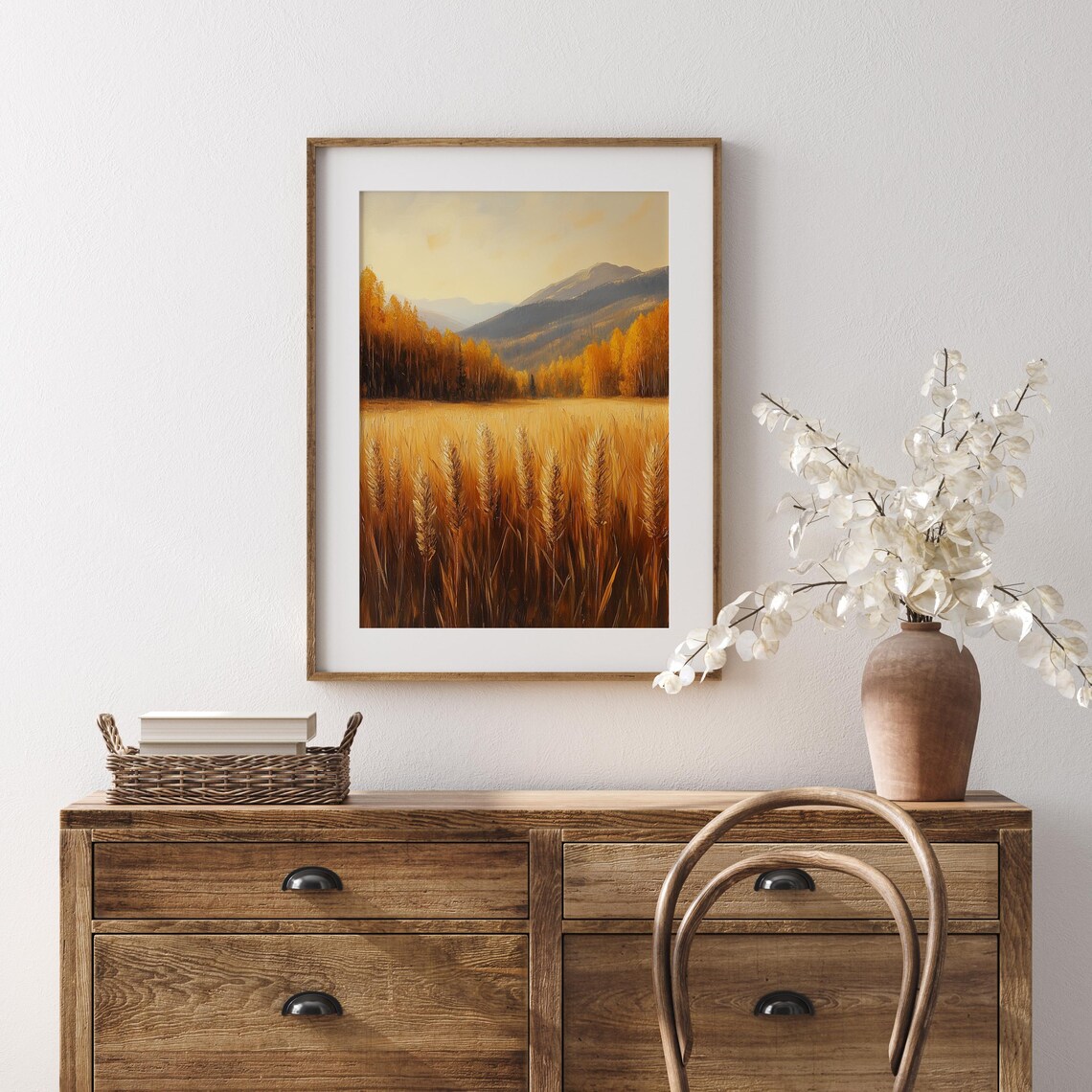 Golden Wheat Stalks Swaying Before Distant Mountains in Autumn Wall Art - Image 5