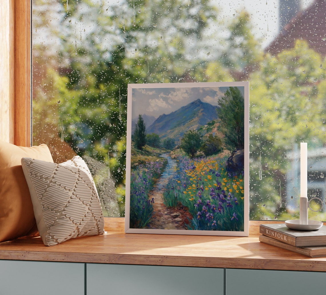 Purple Iris Field Winding Stream Blue Alpine Mountain Poster - Image 2