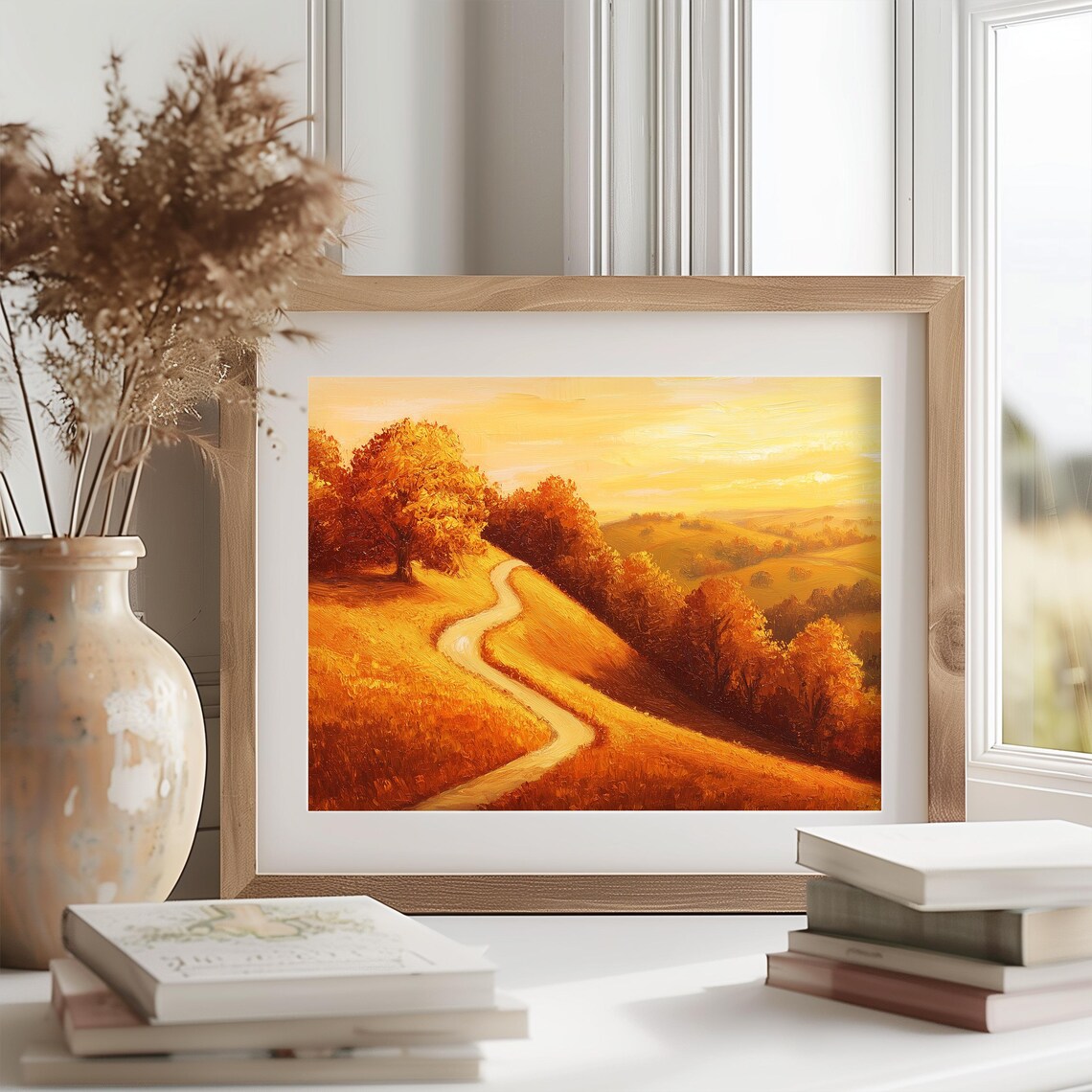 Autumn Hillside Path Painting Golden Sunset Fall Landscape Country Poster - Image 2