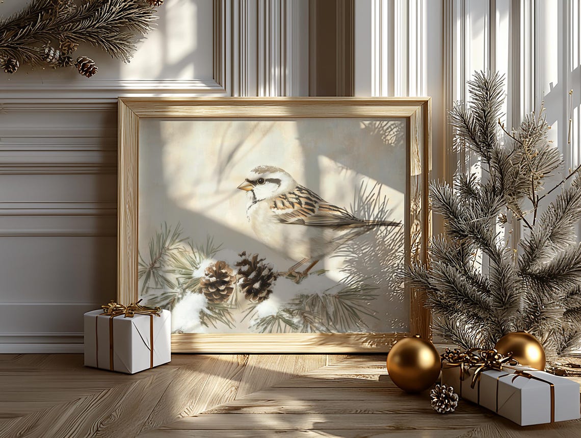 White Crowned Sparrow on Snowy Pine Branch Vintage Bird Art Poster - Image 6