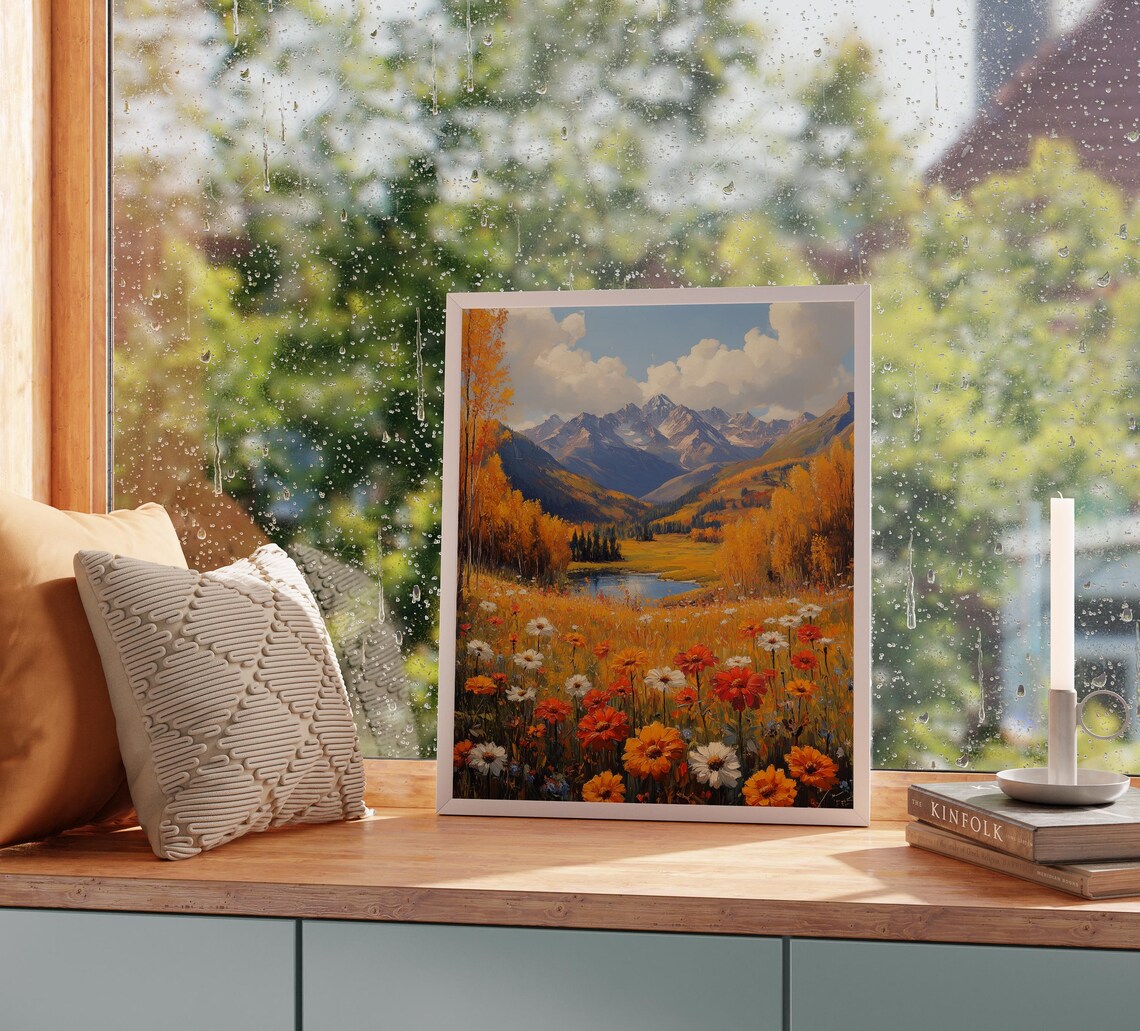 Wildflower Meadow Alpine Lake Snowy Peaks Landscape Painting Print - Image 2