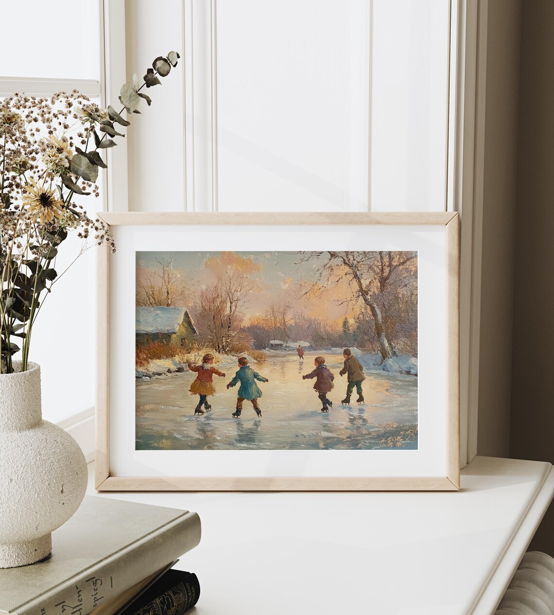 Winter Ice Skating Scene Rustic Wall Art Vintage Christmas Painting Farmhouse Holiday Decor Warm Tones Festive Country Village Art 2793 - Image 6