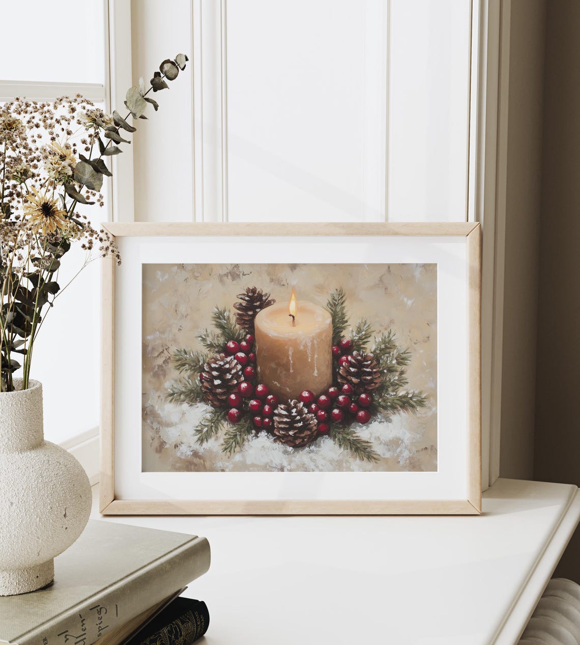 Lit Holiday Candle With Cranberries Pinecones Festive Wreath Poster - Image 6
