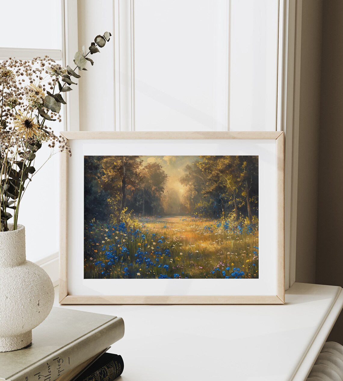 Morning Light On Blue Wildflowers In Golden Forest Clearing Poster - Image 6