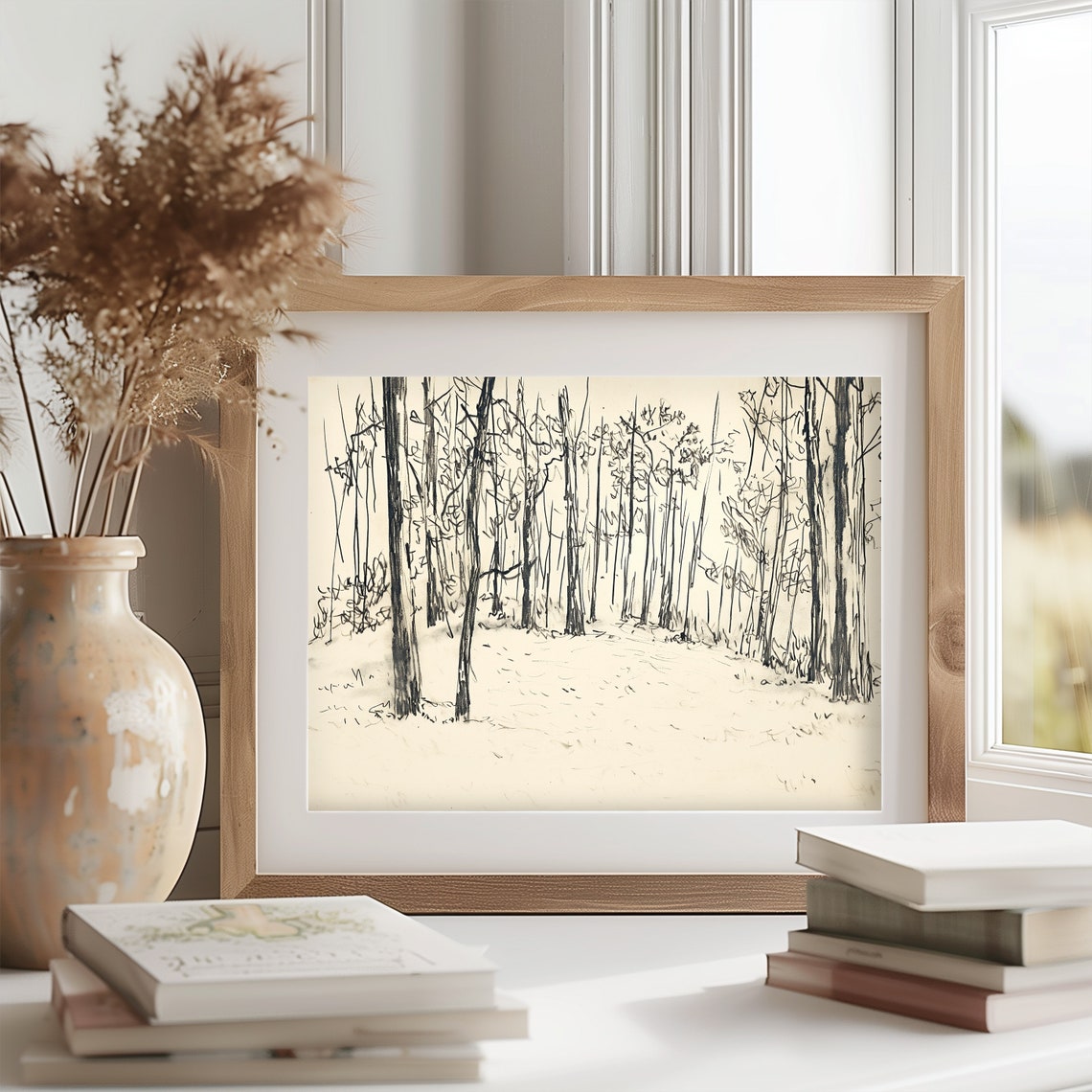 Quiet Secluded Forest Clearing Winter Trees Line Sketch Poster Art - Image 2