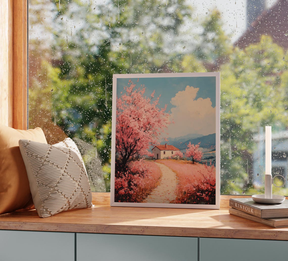 Pink Blossom Orchard White Cottage Mountain Backdrop Spring Poster - Image 2