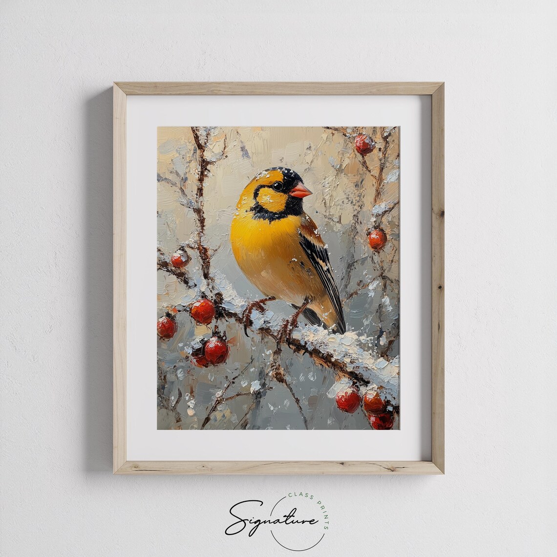 Goldfinch On Snowy Branch With Red Berries Winter Bird Art Poster - Image 3