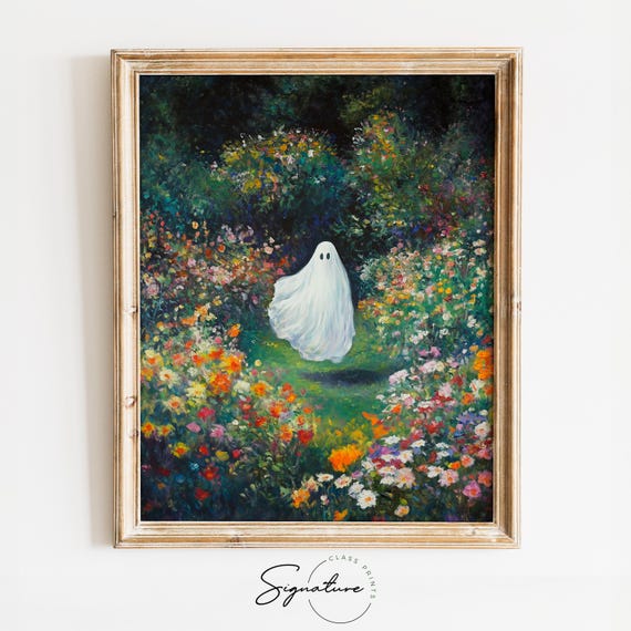 Ghost In Enchanted Flower Garden Moody Spring Cottagecore Art Rustic Earthy Floral Decor Wall Print Whimsical Ghost 1577