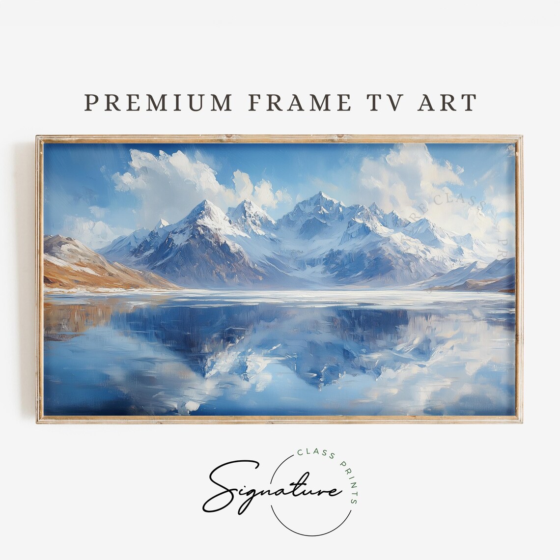 Snowy Mountain Range Mirror Lake Daytime Reflection Blue Sky Peaks Poster