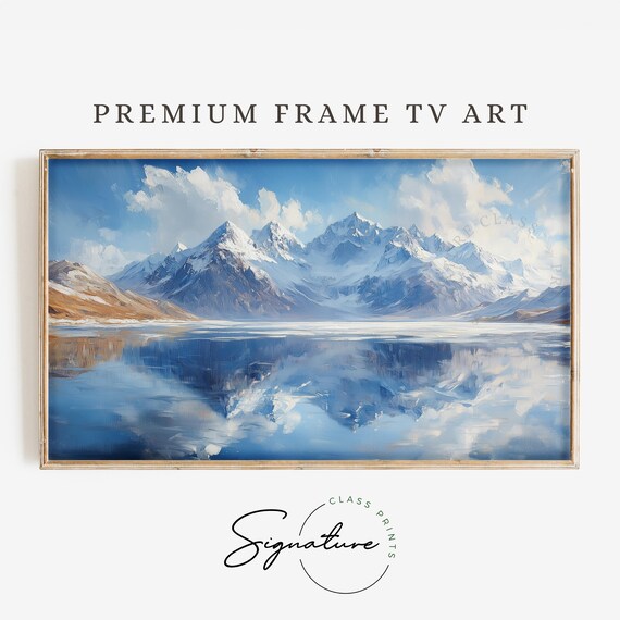 Snowy Mountain Range Mirror Lake Daytime Reflection Blue Sky Peaks Poster