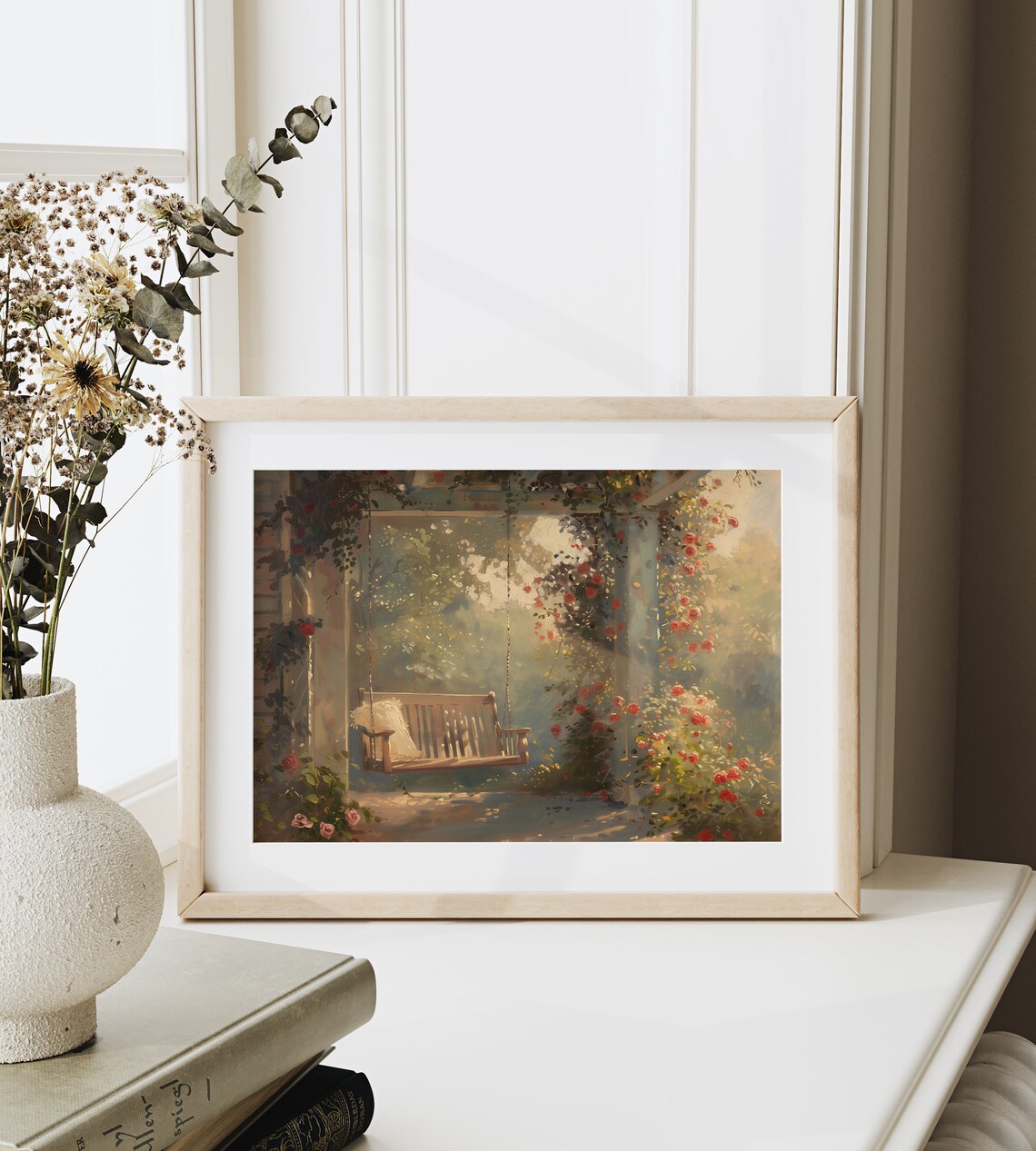 Sunlit Porch Swing Under Rose Pergola Garden Retreat Painting Poster - Image 6