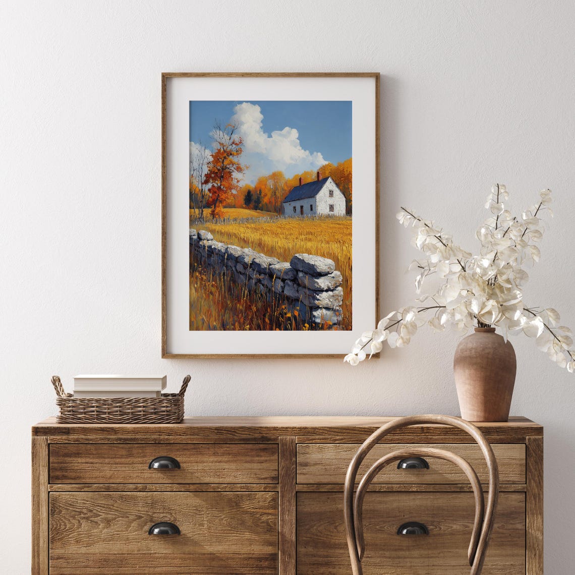 White Farmhouse and Stone Wall Over Golden Wheat Field Poster - Image 5