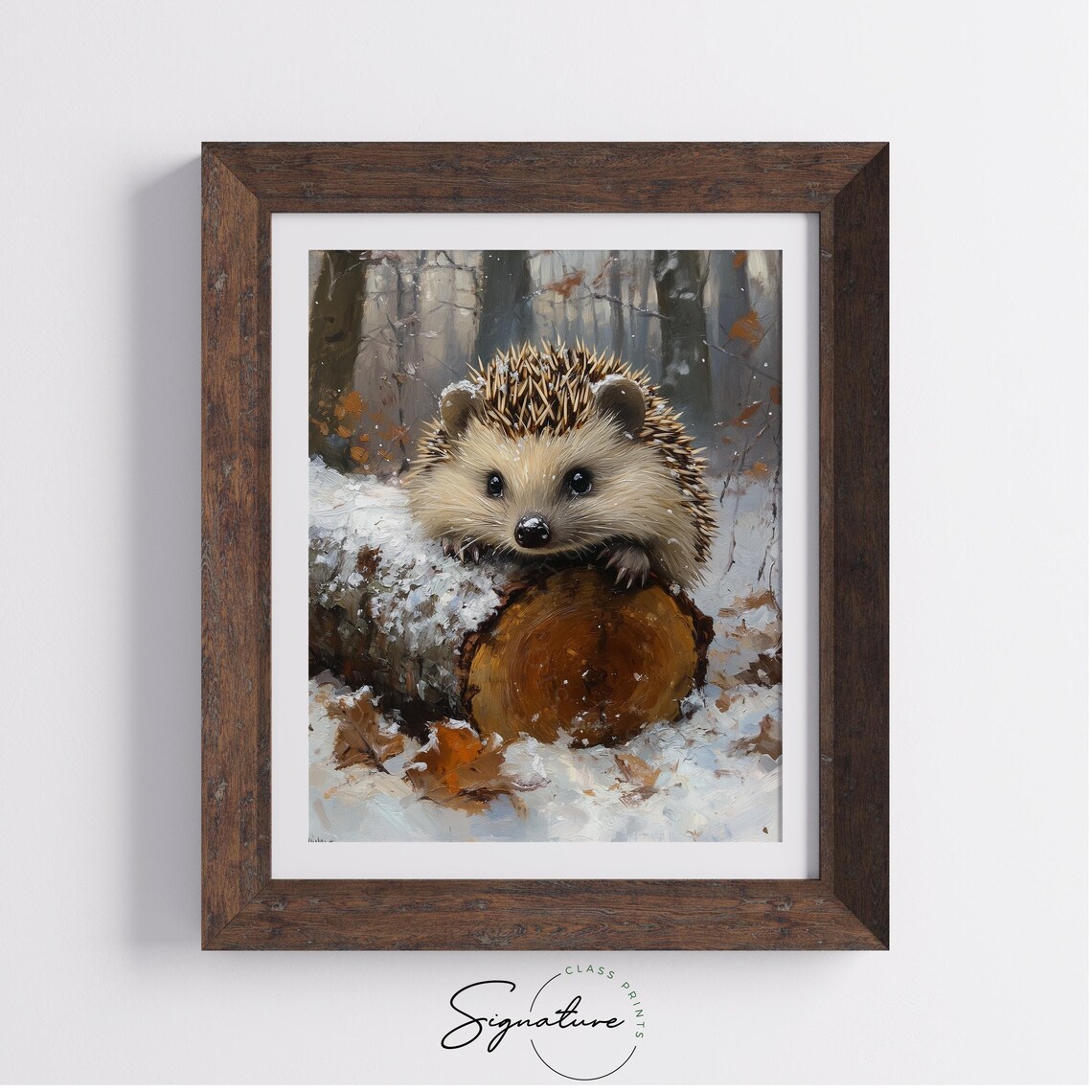 Cute Hedgehog Snowy Log Winter Woodland Forest Animal Oil Painting Poster - Image 2