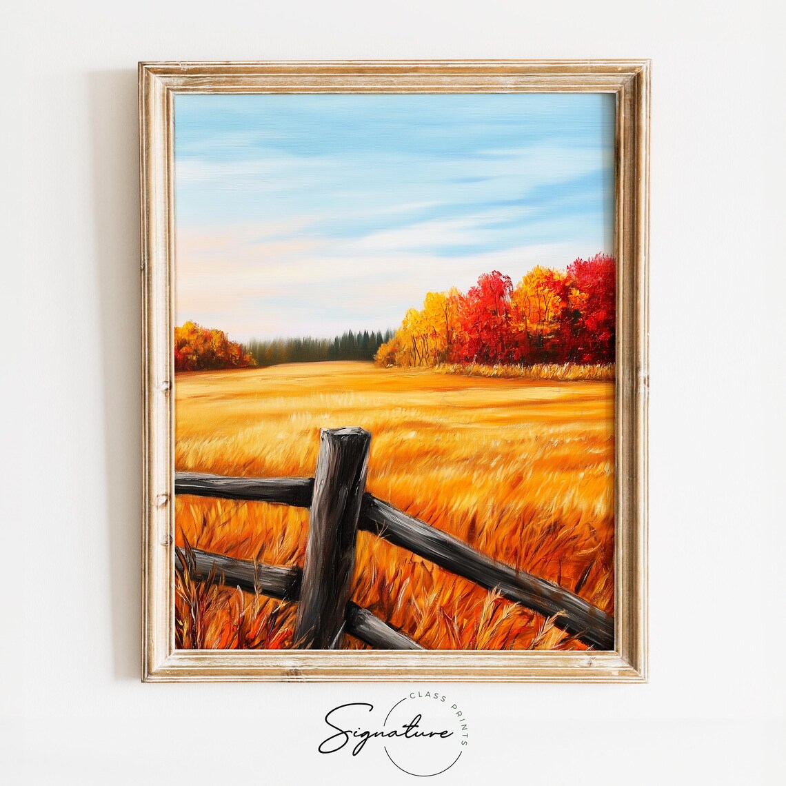 Split Rail Fence Across Golden Meadow With Fiery Autumn Treeline Wall Art