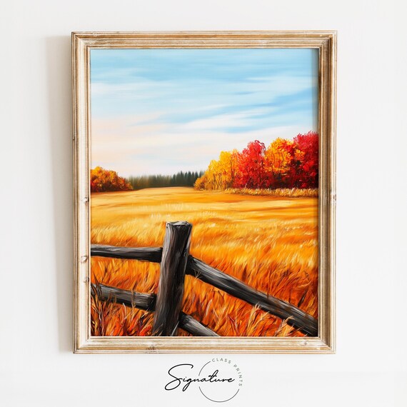 Split Rail Fence Across Golden Meadow With Fiery Autumn Treeline Wall Art