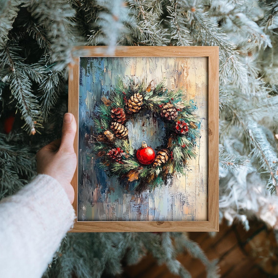 Christmas Wreath with Pinecones and Red Ornament Oil Painting Print - Image 6