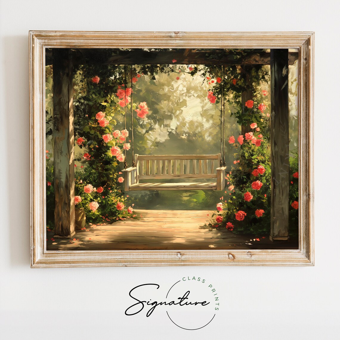 Porch Swing With Climbing Pink Roses Garden Pergola Painting Poster