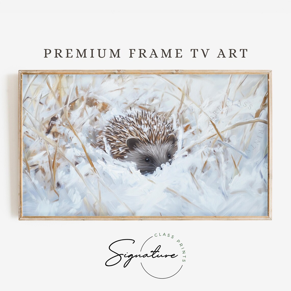 Hedgehog Nestled in Snowy Grasses Winter Wildlife Art Poster