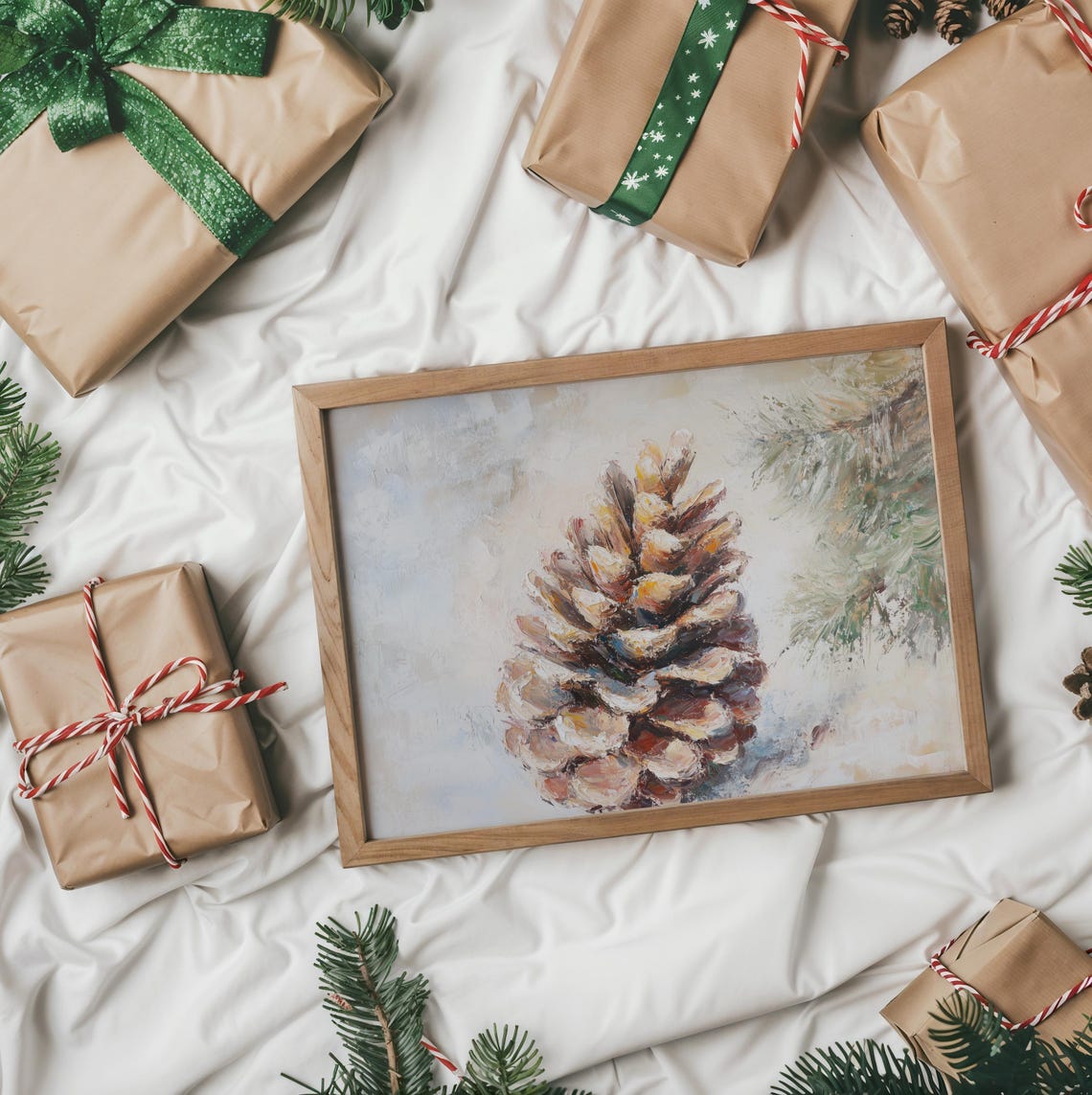 Large Pinecone With Snowy Pine Branch Vintage Winter Art Poster - Image 2